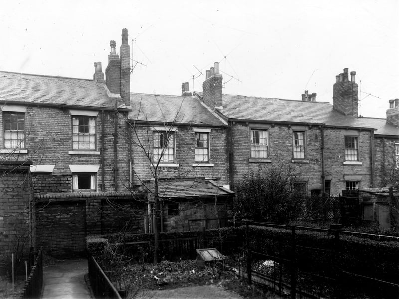 Jowett Place in November 1960. The photo shows the back-to-back terraced houses taken across private rear gardens. The one storey buildings visible on the left and right are shared outside toilet blocks.
