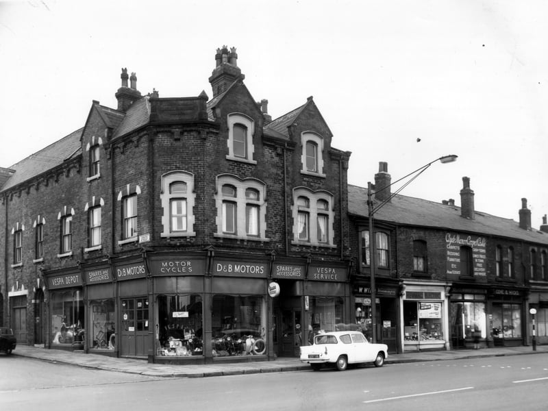 Hunslet Road in November 1960. On the left is Joseph Street. The building on the corner has its details carved in stone on the top of the corner wall these proclaim it to be the Maynaliss Building built A.D. 1874. The building houses the D and B motors, vespa depot, spares and accessories and motorcycles.