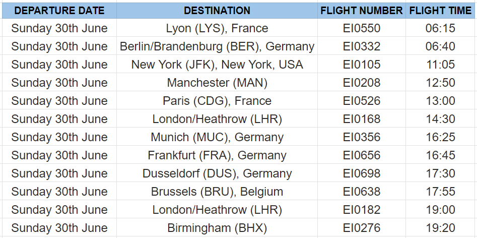 Flights from Dublin Airport affected - Sunday 30th June