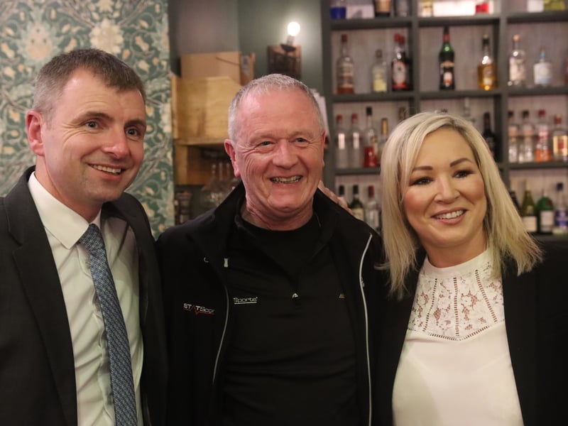 First Minister Michelle O’Neill with (centre) chair of the Louth County Board, Sean McClean, and (left) Deputy Ruairí Ó Murchú at Rocksalt, Earl Street