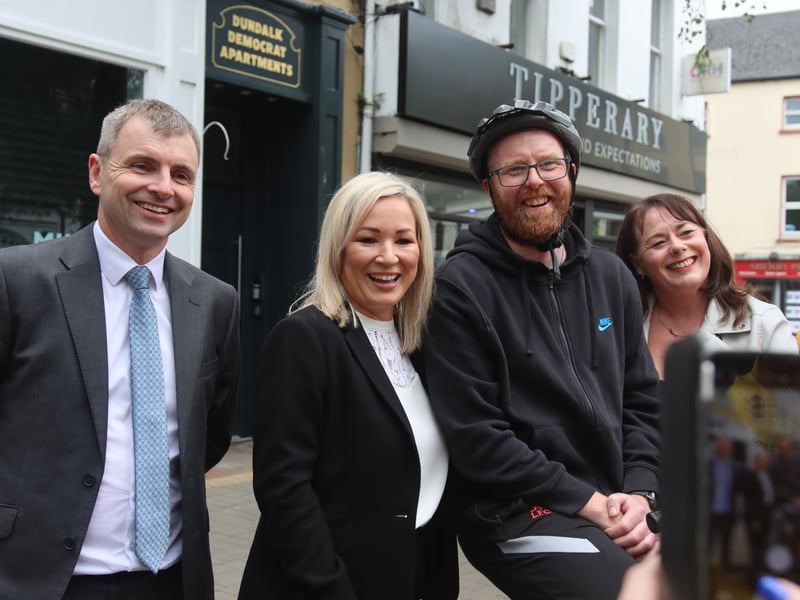 Deputy Ruairí Ó Murchú, First Minister Michelle O’Neill, Sean McKenna (Louth Disability Cycling Club) and Michelle Gildernew MP