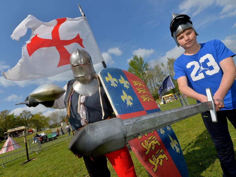 Telford Town Park, St George’s Day festival, 2022. Kim Geary from The Past Presents with Felix Williams, 13, from Ellesmere.