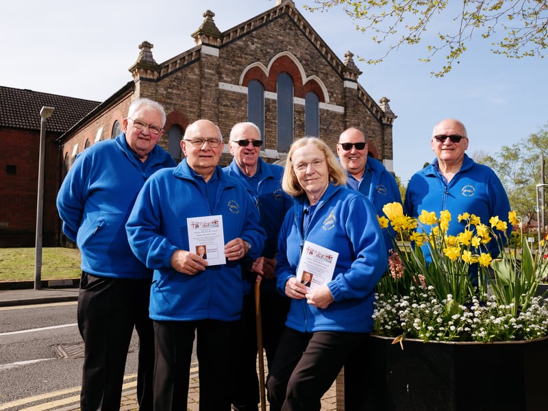 A special St George’s Day concert was held at Hadley Methodist Church in memory of Councillor John Smart, 2022. In picture, L-R: Hadley and District Orpheus Male Voice Choir members Tony Davies, Phil Jones, Chris Mansell, Robyn Davies (Director of Music), Alex Cunningham and Chas Kay.