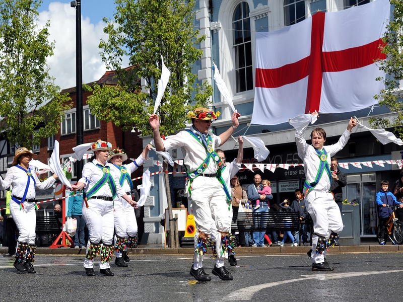 Newport town centre, 2015. St George’s Day parade, with members of Bedcote Morris entertaining the crowds.