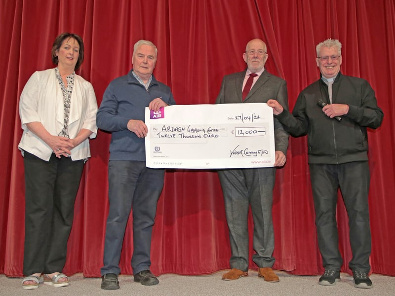 Caption: Fr Vincent Connaughton (right) pictured presenting €12,000 to Ardagh Community Centre, proceeds from the recent parish fundraising campaign for the churches and community centre. Also in the photo are Sharon Thompson, Pat Kelleher and Rodger Miles