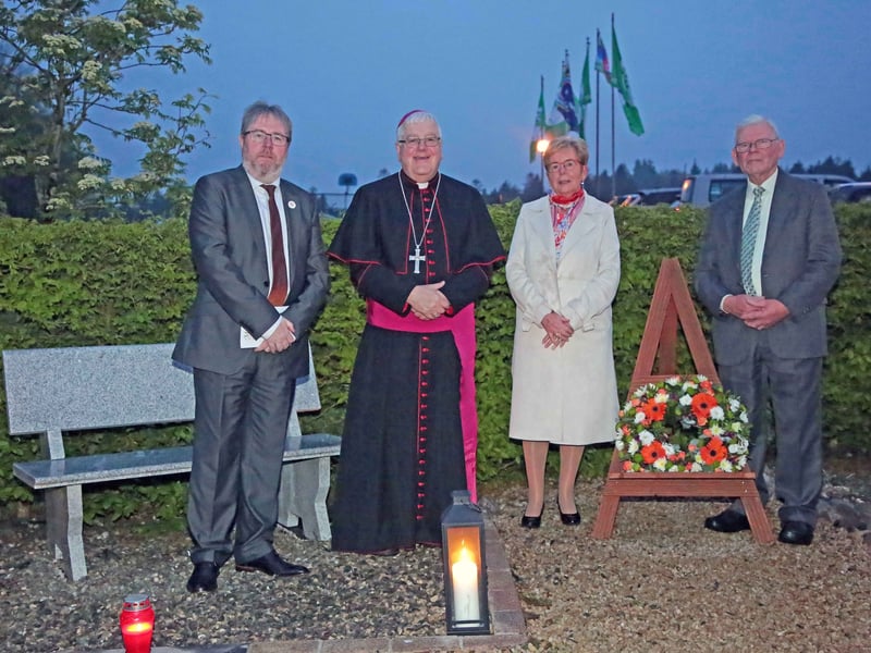 Caption: Moyne Community School Principal Des Cullen, Bishop Paul Connell, Angeline Cummins and Michael Denning at the wreath laying ceremony in the Moyne CS remembrance garden on Friday, May 3 to remember past staff and pupils who have departed this world