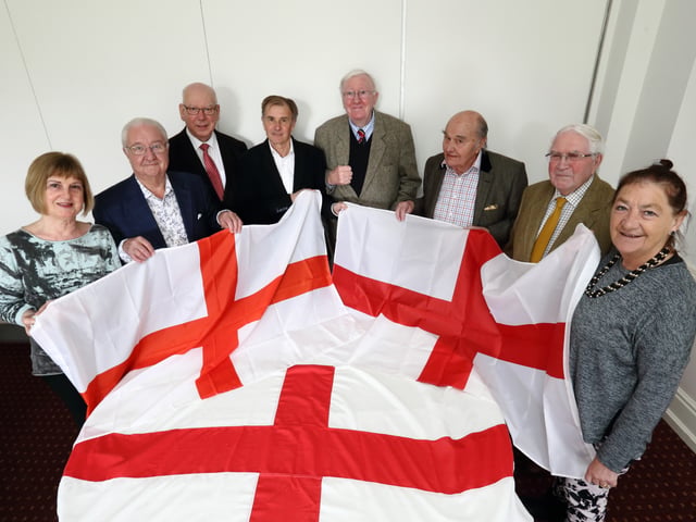 St George’s committee at The Wynnstay Hotel, Oswestry, 2016. From left: Val Schofield, Peter Starbuck, Martyn Bentley, Tim Woodward, David Franklin, Bill Woodward, George Burdess and Judith Williams.