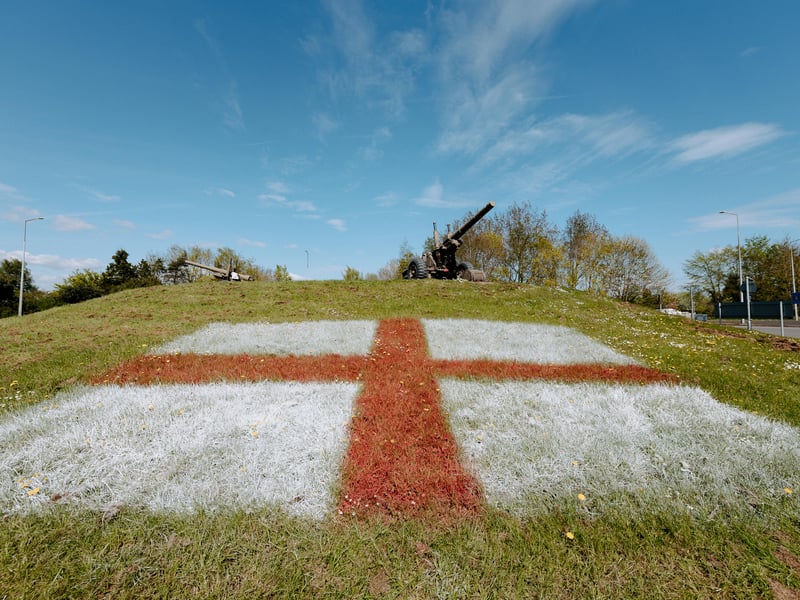 St George’s flag painted on the infamous “Guns” Garrison Roundabout, Donnington, Telford in 2022.