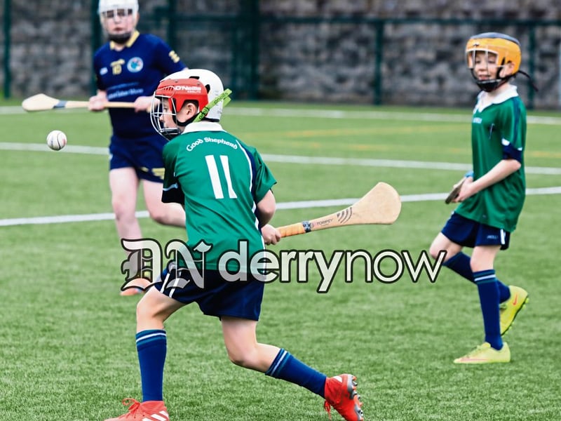 A pupil from Good Shepherd PS ready to hit the sliotar at the Allianz Cumann na mBunscol final held in the Shared Village outdoor pitches.
