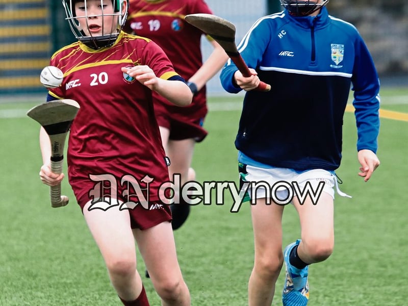This pupil from Gaelscoil Leim an Mhadaidy races forward with the sliotar, against Hollybush.