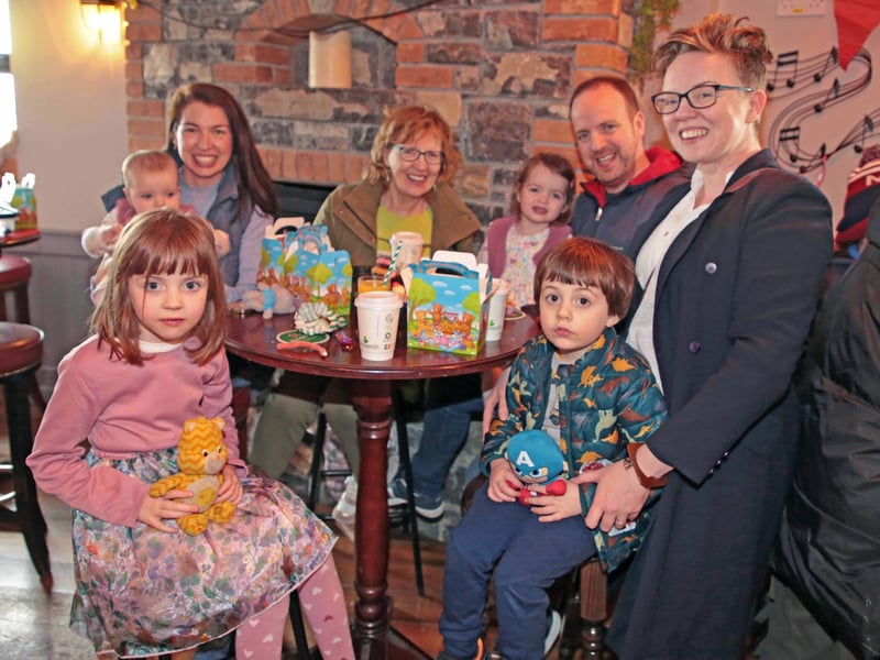 Caption: Despite the inclement weather last Sunday, the Lisryan Teddy Bears Picnic went ahead and The Crossroads Inn was transformed into a children’s wonderland. Pictured are Stella Woods, Anna, Marie Therese, Angela, Emily and Michael McKeon, Sonny Woods and Belinda McKeon