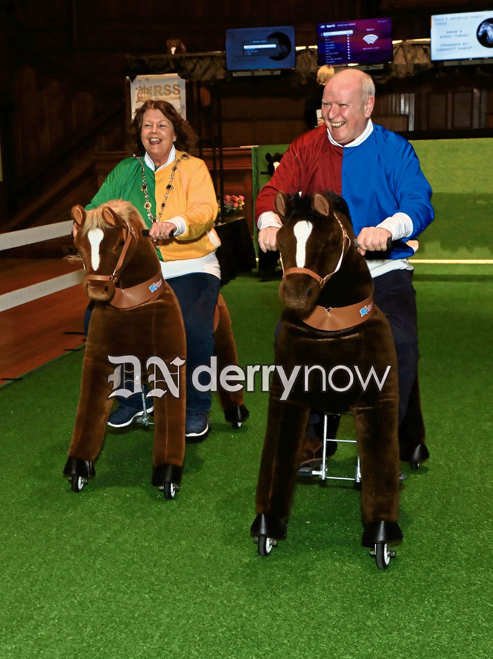 Mayor Patricia Logue competes against her husband James at "Giddy Up" event held in the Main Hall, Guildhall, the Mayor’s Charity night, in aid of the Ryan McBride Foundation and Foyle Hospice. (Photos - Tom Heaney, nwpresspics)