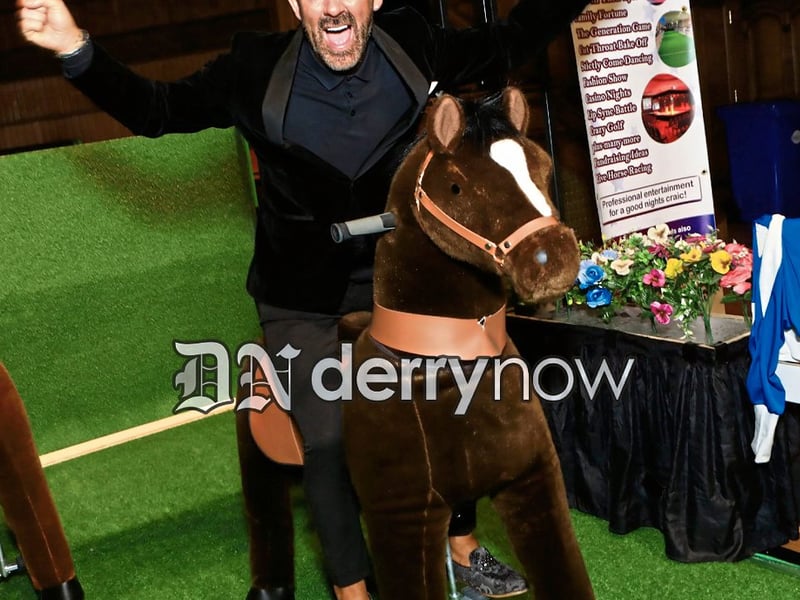 Mickey Doherty, compere for the night on horseback at "Giddy Up" event held in the Main Hall, Guildhall, the Mayor’s Charity night, in aid of the Ryan McBride Foundation and Foyle Hospice.