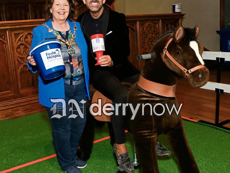 Mayor Patricia Logue with Mickey Doherty, compere for the night on horseback at "Giddy Up" event held in the Main Hall, Guildhall, the Mayor’s Charity night, in aid of the Ryan McBride Foundation and Foyle Hospice.