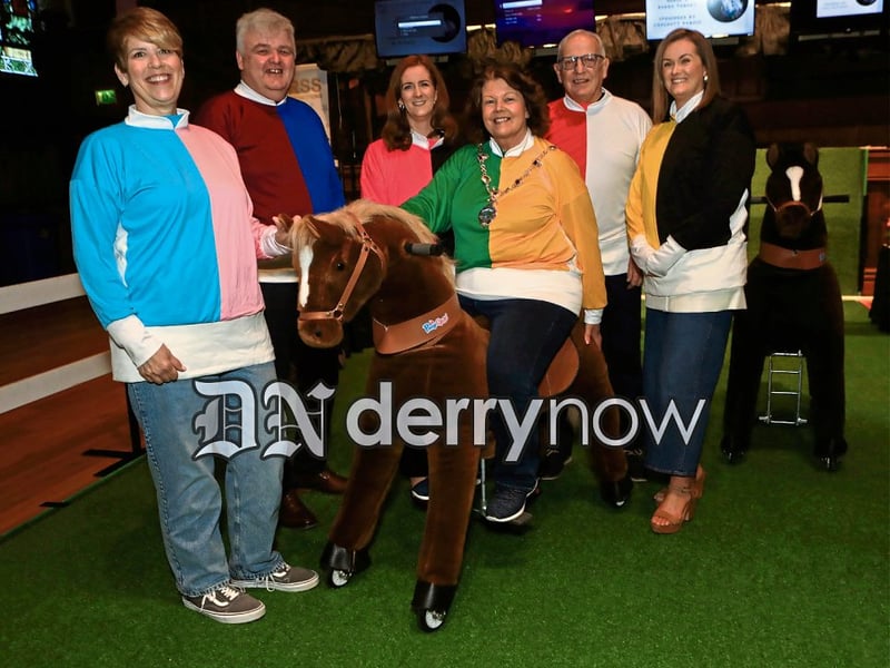 Mayor Patricia Logue with from left, Sheila Duffy, Foyle Hospice, Stephen McCallion, Siuinin McBride, Sean Cassidy and Colleen McCay (all representing the Ryan McBride Foundation) at "Giddy Up" event held in the Main Hall, Guildhall, the Mayor’s Charity night, in aid of the Ryan McBride Foundation and Foyle Hospice.