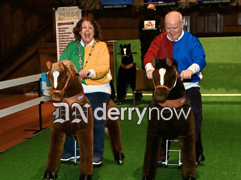 Mayor Patricia Logue with from left, Sheila Duffy, Foyle Hospice, Stephen McCallion, Siuinin McBride, Sean Cassidy and Colleen McCay (all representing the Ryan McBride Foundation) at "Giddy Up" event held in the Main Hall, Guildhall, the Mayor’s Charity night, in aid of the Ryan McBride Foundation and Foyle Hospice.