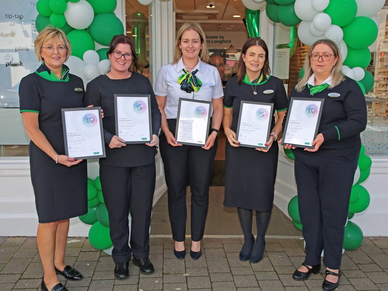 Caption: Monica Tully, Aisling Nertney, Fiona Ferguson, Emma Clarke (10 Years service) Annmarie Gorman, 2nd from left (5 Years Service) Missing Irmante Balciunaite 5 Years and Mark Earle 10 Years
