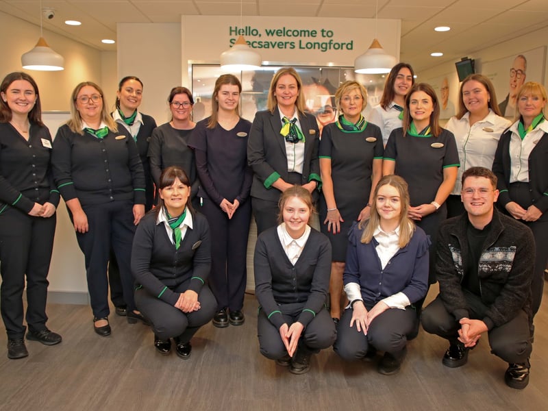 Caption: Some of the team at Specsavers - back row from left: Shaylyn Ward, Emma Clarke, Claire Nugent, Annmarie Gorman, Grace Dennigan, Aisling Nertney, Monica Tully, Ines Mats, Fiona Ferguson, Annmarie Murphy and Brenda Scott. Front row from left: Karen Doherty, Grace Hennessey, Eva McGee and Aaron Nelson