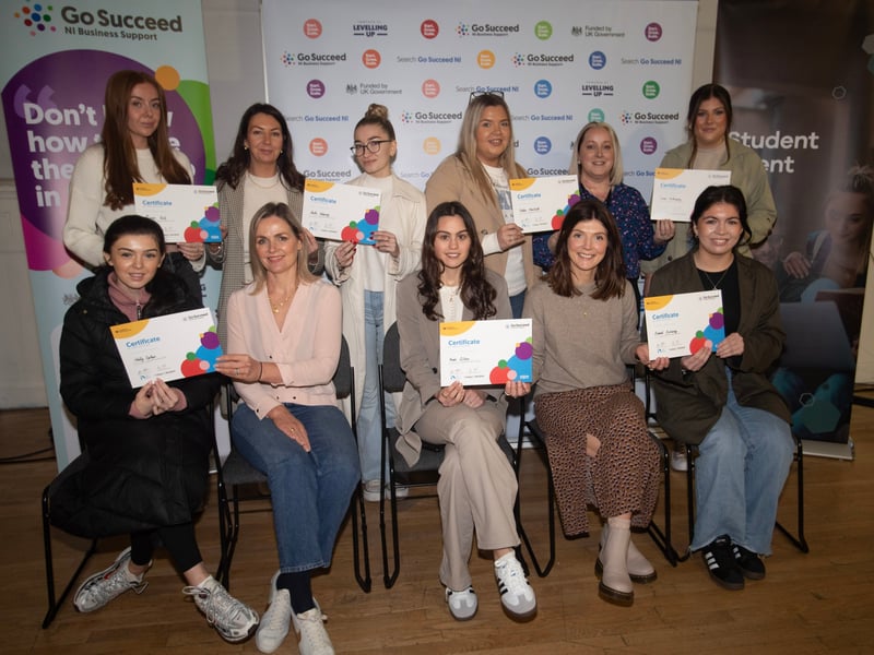 DEVELOPING INNOVATIVE IDEAS. . . .Students from Ulster University pictured receiving their certificates at Monday's 'Developing Innovative Ideas' at the Playhouse, Derry. This was the first of a number of events to be held as part of the Derry City and Strabane District Council's Business Support Programme. Front from left are Molly Carton, Jacqueline McCann, Aoise Gildea, Aisling Reid and Sinead Sweeney. Back from left, Lauren Friel, Daniele McNally, Aoife Heaney, Hollie Monteith, Maria McKeever, and Emma McBrearty.