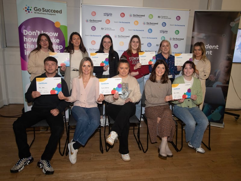 Students from Ulster University pictured receiving their certificates at Monday's 'Developing Innovative Ideas' at the Playhouse, Derry. This was the first of a number of events to be held as part of the Derry City and Strabane District Council's Business Support Programme. Front from left are Niall Moore, Jacqueline McCann Karen McElhinney, Aisling Reid and Caitlin OConnor. Back from left, Francesca Smyth, Danielle McNally, Lucy Beggan, Eimear Skeath, Maria McKeever and Sarah Lynch.