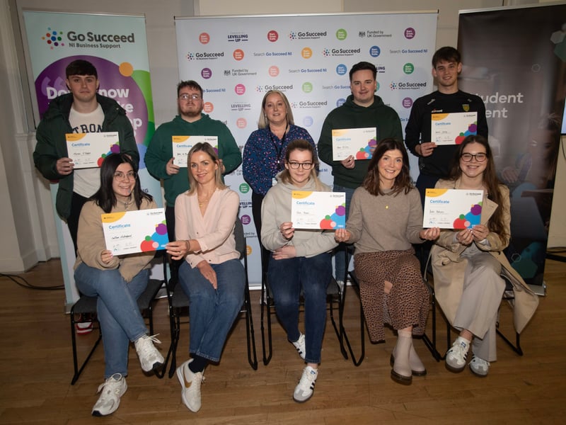 Students from Ulster University pictured receiving their certificates at Monday's 'Developing Innovative Ideas' at the Playhouse, Derry. This was the first of a number of events to be held as part of the Derry City and Strabane District Council's Business Support Programme. Front from left are Saffron Mulholland, Jacqueline McCann, Lucie Travers, Aisling Reid and Julia Babiarz. Back from left, Marcus O Hagan John McNamee Maria McKeever Adam McCrea and David Carey. (Photos: Jim McCafferty Photography)