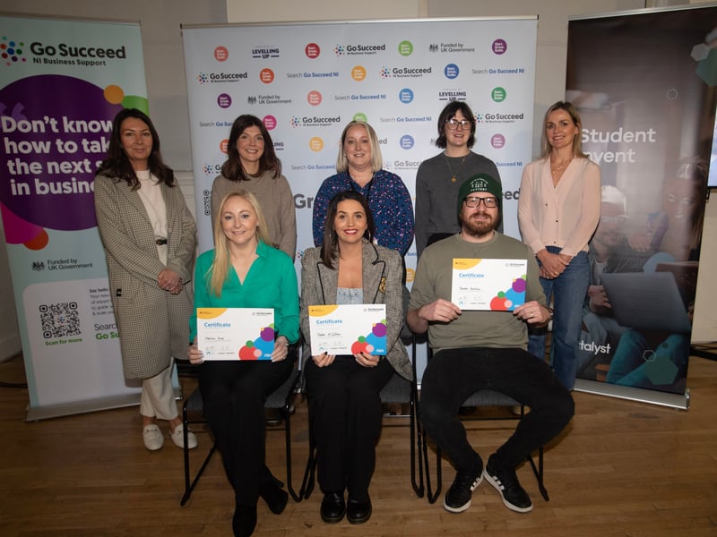 Students from Ulster University pictured receiving their certificates at Monday's 'Developing Innovative Ideas' at the Playhouse, Derry. This was the first of a number of events to be held as part of the Derry City and Strabane District Council's Business Support Programme. Front from left are Charlene Friel, Elisha McCallion and Thomas Roeshaw. Back from left, Danielle McNally, Aisling Reid, Maria McKeever and Jacqueline McCann.