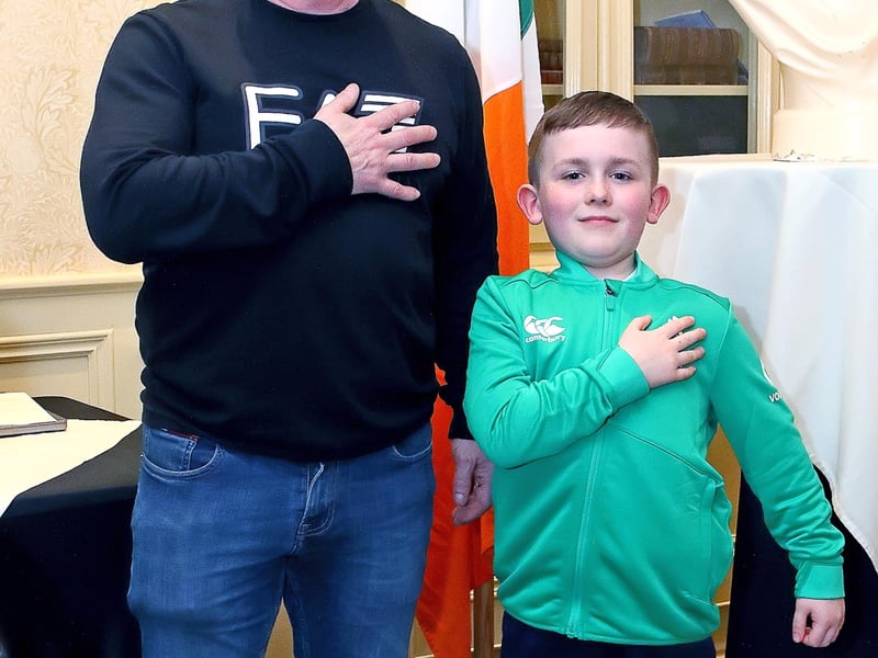 Stevie Mulrooney, star vocalist of Ireland's Call at the recent Irish rugby Six Nations game against Italy and of course the Toy Show on RTE who will be performing at the Gala Dinner on Saturday 2nd March in the Granville Hotel is pictured with his father Seamus Mulrooney at the press and programme launch of the Thomas Francis Meagher Tricolour Celebrations in the Granville Hotel