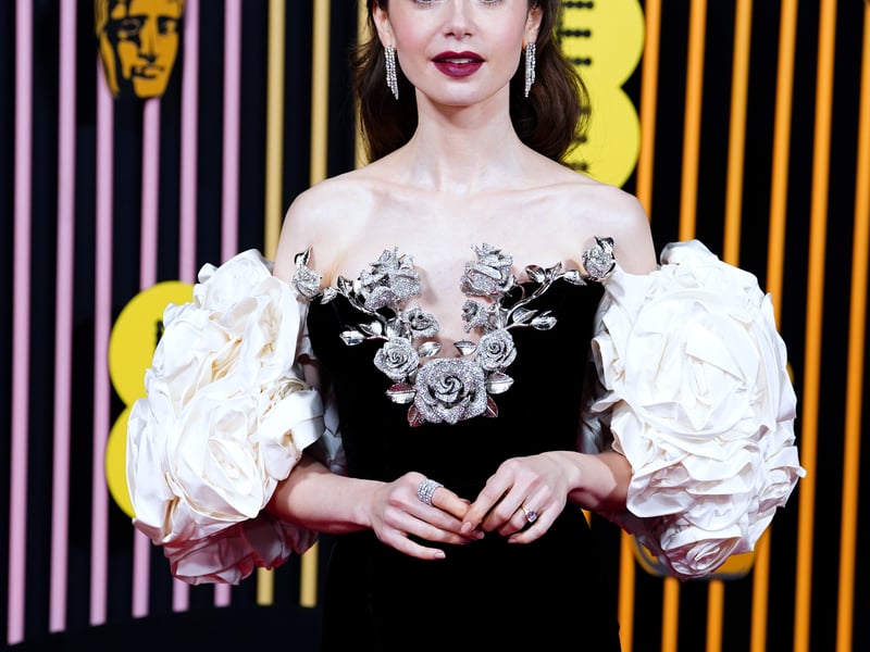 Other first arrivals included Emily In Paris star Lily Collins, wearing a dramatic black column gown with floral detailing around the neckline, 80s-inspired puff sleeves and a gothic berry-coloured lip.