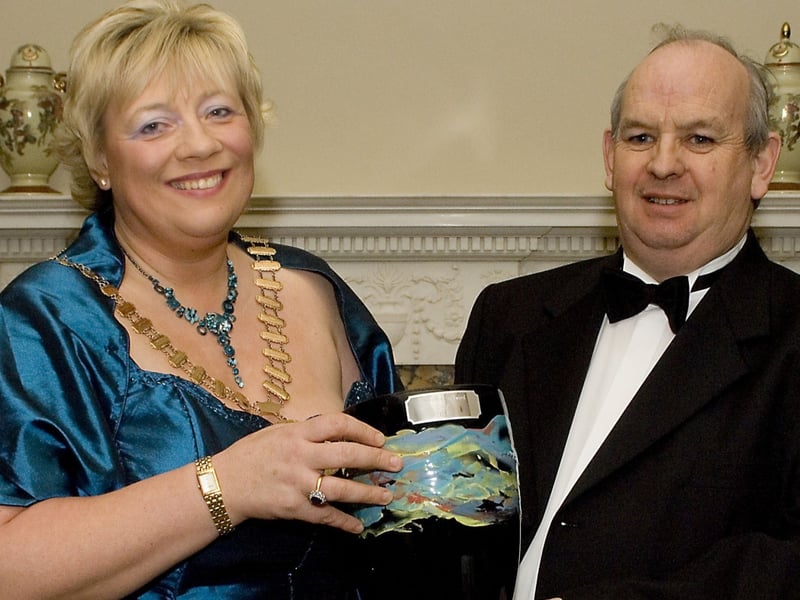 Cathaoirleach Teresaa McGuire presents Michael McGing with the Cathaoirleach award for the community at Knockranny House Hotel. Pic: Michael McLaughlin