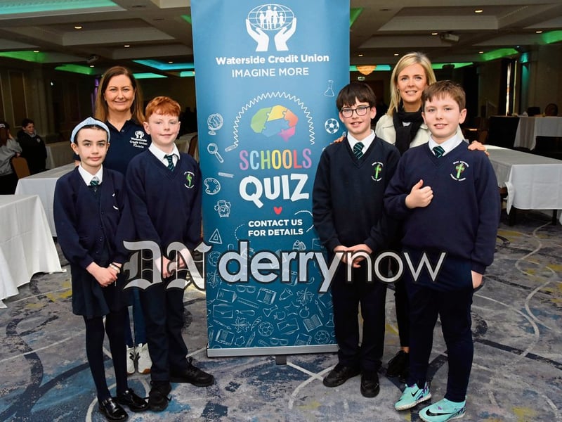 Waterside Credit Union Schools Quiz Team A Winners Good Shepherd Primary School, they are pictured with Roisin O'Reilly, Waterside Credit Union Manager, and their Prinipal Suzanne McCafferty.