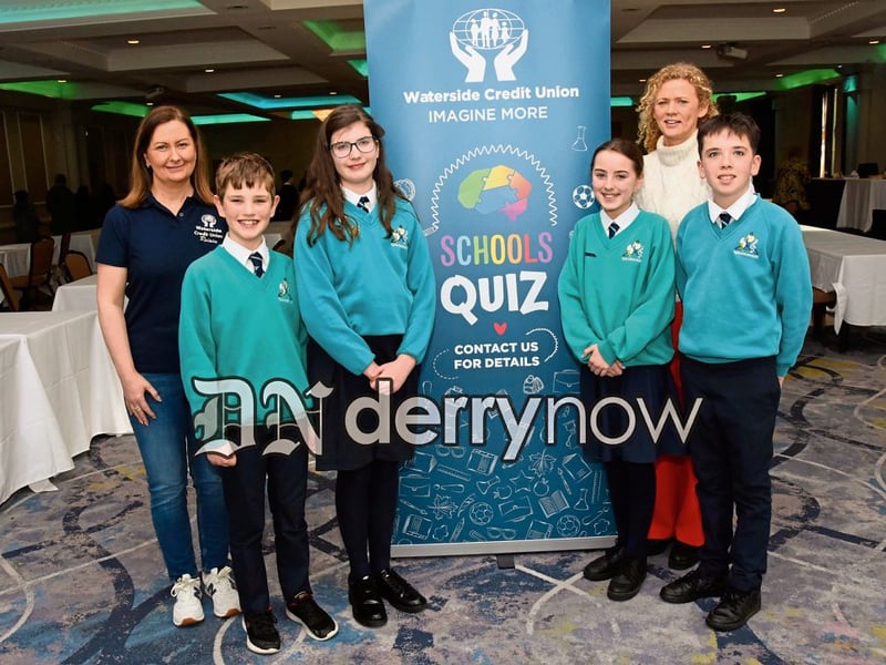 Waterside Credit Union Schools Quiz Team B Winners Glendermott Primary School, they are pictured with Roisin O'Reilly, Waterside Credit Union Manager, and their teacher Mrs Strathern. (Photos - Kerrie Quinn, nwpresspics)