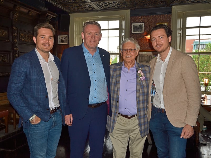 Caption: J.R Mahon's held the grand opening of its newest location at 1-2 Burgh Quay, Dublin. The Mahon family from Longford, who are behind the new pub, have a long history in the hospitality industry. Their most famous establishment started by their father John Mahon is the Pig 'n' Whistle in New York City. Pictured at the grand opening were Rob Mahon, Senator Micheál Carrigy, John Mahon Snr and John Mahon Jnr