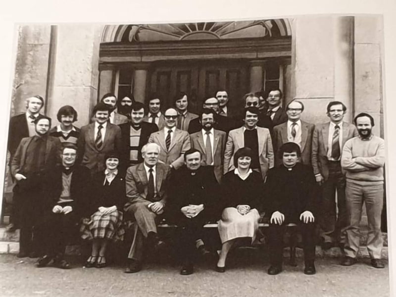 Caption: Teaching staff of St Mel's College in 1980. Front row l to r; Seamus McMonagle, Fr Michael Bannon, Loreto Fahy, Mel Murtagh (Deputy Principal), Fr James Bland (President) Bernie Hurney, Fr Michael Reilly. Middle Row: Denis Glennon, Joe Walsh, Pat Doherty, Fr Peter Burke, Tom McGuinness, John Maloney, Pat Fahy, Pat Flanagan, Sean Donnelly, Tiernan Dolan. Back row; Don Murphy, Jim Waldron, Donal Hughes, Matt Hynes, Fr Owen Devaney, Hal Carey, Fr Peter Brady, Fr Frank Garvey and Des Guckian. Missing from photo Benny Nerney