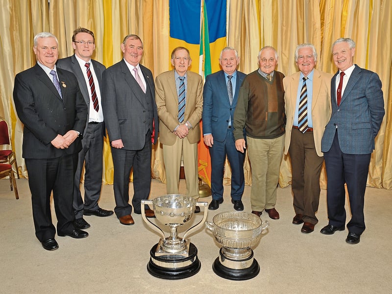 Caption: GAA President Aogán Ó Fearghaíl, Longford GAA Central Council Representative Cllr Micheál Carrigy, Longford GAA Chairman Brendan Gilmore and Longford 1966 & '68 player Seán Donnelly pictured with Galway players from the 60's Christy Tyrrell, Bosco McDermott, Sean Cleary and Martin Newell. Photo by Declan Gilmore