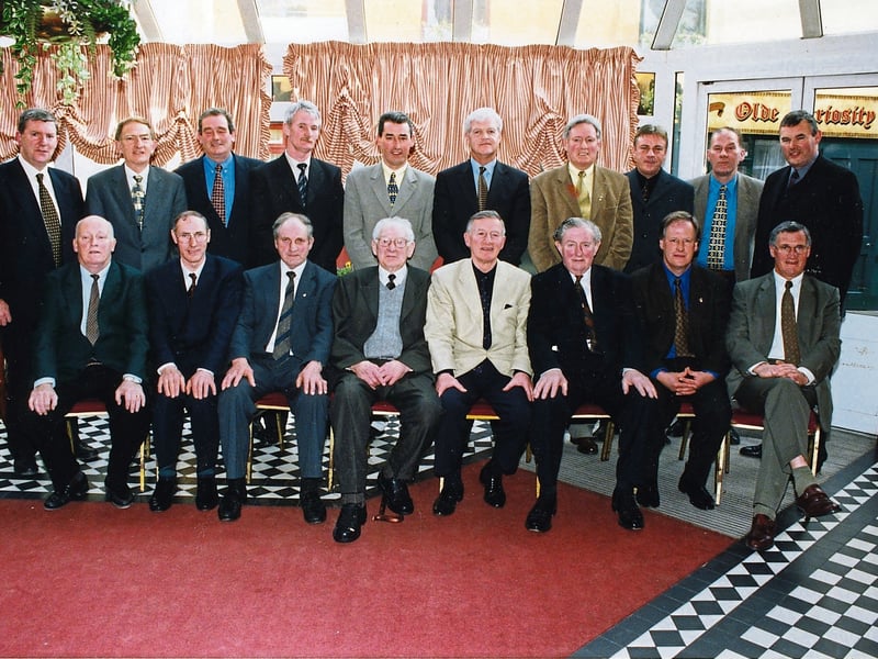 Caption: The Longford GAA Football Team of the Millennium, as selected by the readers of the Longford Leader, were honoured at a celebratory banquet in April 2000 and pictured are front row l to r; John Heneghan, Jackie Devine, Billy Morgan, Jimmy Hannify Snr, Harry McGann, Vincent Tierney, TJ Ward (representing Dessie Barry) and Brendan Barden. Back; Longford Leader Managing Editor Eugene McGee, Sean Donnelly, Seamus Flynn, Jimmy Hannify Jnr, Mick Casey, Jimmy Flynn, Larry Gillen, Ned and John Regan (representing their father Joe Regan) and GAA President-elect Sean McCague