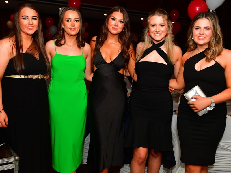 Caption: Sarah Horan, Niamh Hanley, Jill Dennehy, Muirinn Claffey and Ava Fallon enjoying the Ballymahon GAA club dinner dance and presentation night in the Rustic Inn, Abbeyshrule last Saturday night Picture: Frank McGrath