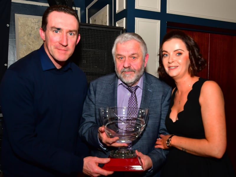 Caption: Former Longford and Leinster GAA Chairperson Albert Fallon was presented with the Hall of Fame award by Longford manager Paddy Christie and Ballymahon Chairperson Melissa Walshe Picture: Frank McGrath 