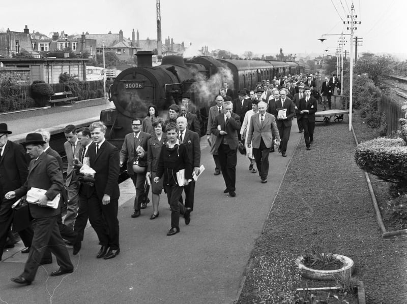 Passengers get off the train at Corstorphine Station, Edinburgh, in June 1966