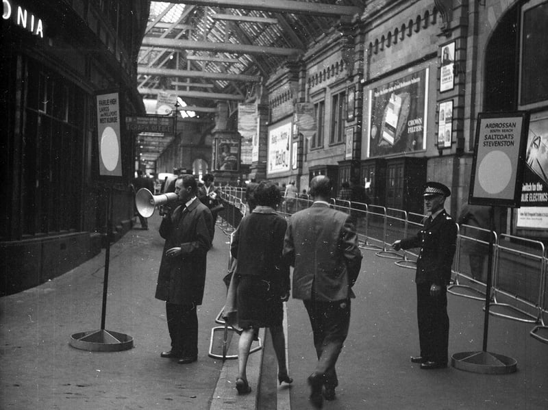 Glasgow Central Station in July 1967, with indicator boards and loud hailers in use