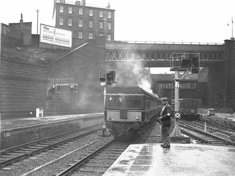 A train draws in to Queen Street railway station, Glasgow, in May 1966