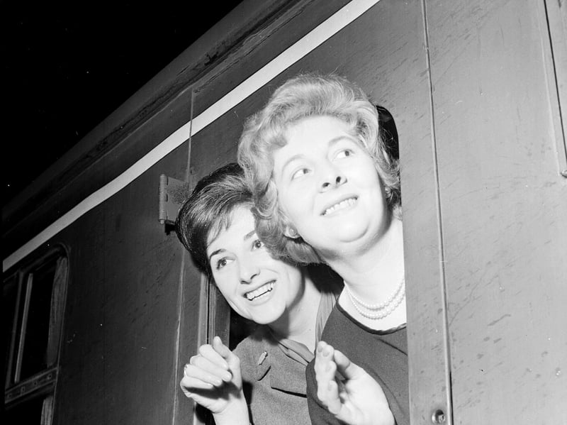 Rail hostesses Mrs A Jackson and Miss D MacDonald help to inaugurate the new buffet service on diesel trains as they leave Edinburgh in November 1962