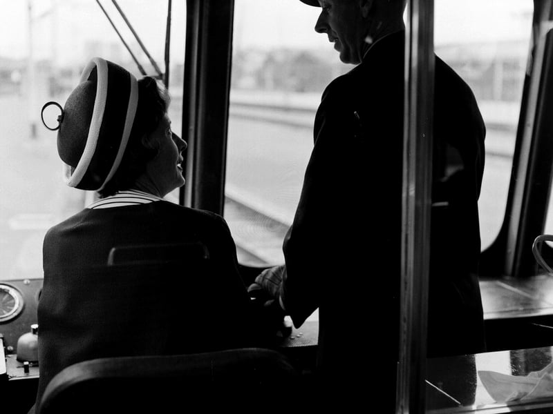 Barbara Castle in the driver's seat of a Glasgow South Bank Blue Train, in June 1967