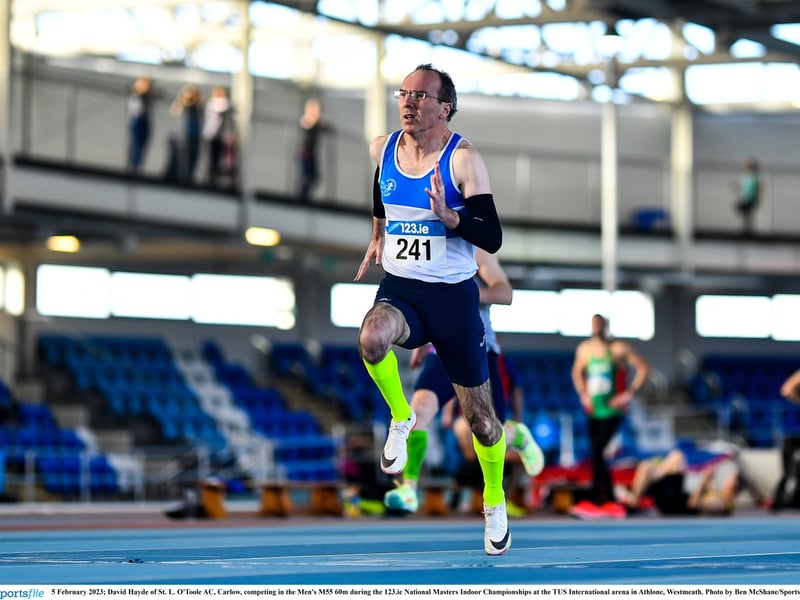 FEBRUARY 2023 David Hayde of St. L. O'Toole AC, Carlow, competed in the Men's M55 60m during the 123.ie National Masters Indoor Championships at the TUS International arena in Athlone, Westmeath.