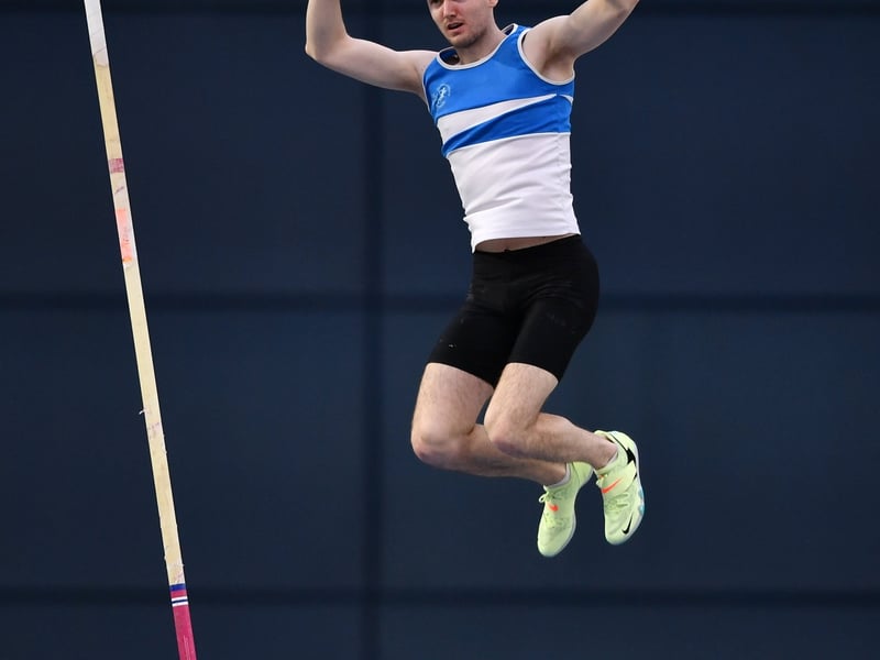 FEBRUARY 2023 Pictured: Matthew Callinan Keenan of St Laurence O'Toole AC, Carlow, celebrates a clearance on his way to winning the senior men's Pole Vault during day two of the 123.ie National Senior Indoor Championships at National Indoor Arena in Dublin.