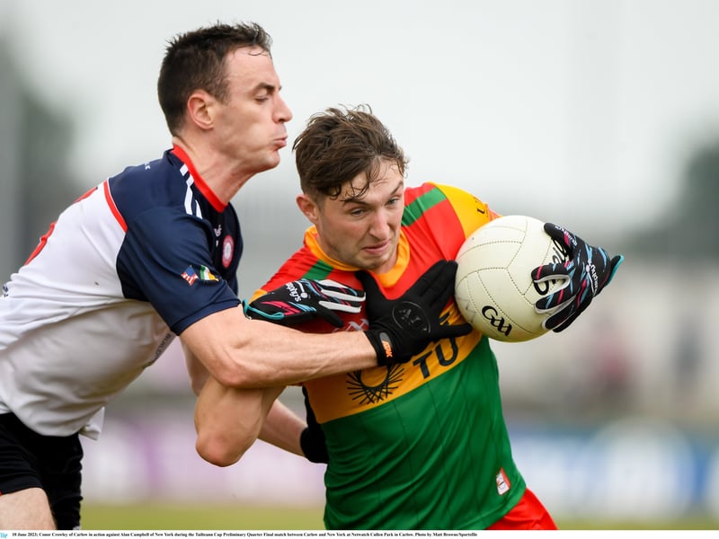 JUNE 2023 Carlow play New York during the Tailteann Cup Preliminary Quarter Final match at Netwatch Cullen Park in Carlow.
