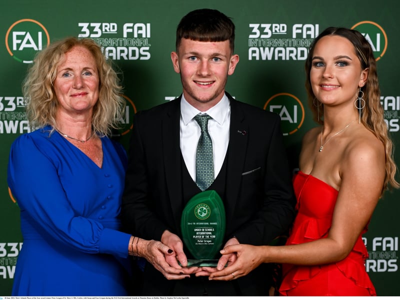 JUNE 2023 Peter Grogan of St. Mary’s CBS, Carlow wins Men’s Schools Player of the Year award at the FAI 33rd International Awards at Mansion House in Dublin.