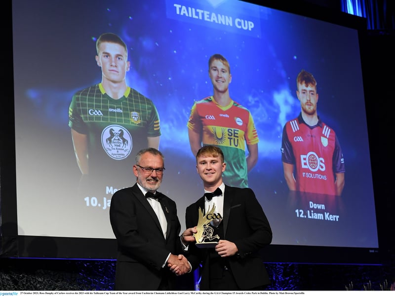 OCTOBER 2023 Ross Dunphy of Carlow received his 2023 Tailteann Cup Team of the Year award from Uachtarán Chumann Lúthchleas Gael Larry McCarthy during the GAA Champion 15 Awards Croke Park in Dublin.