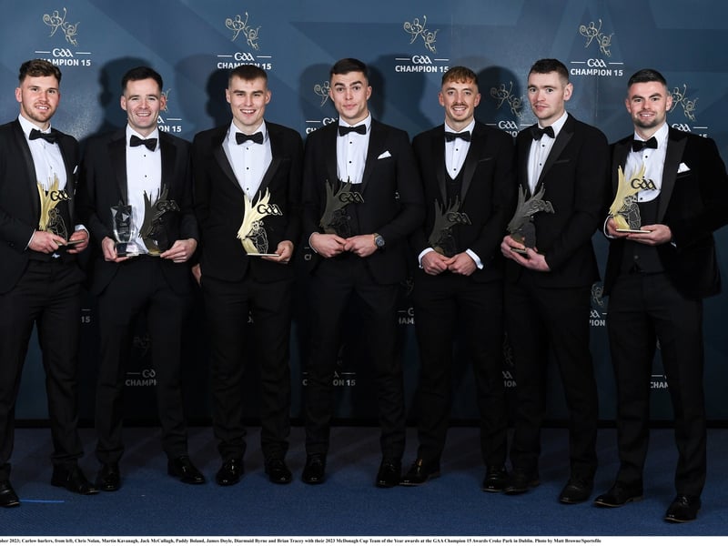 OCTOBER 2023 Pictured: Carlow hurlers, from left, Chris Nolan, Martin Kavanagh, Jack McCullagh, Paddy Boland, James Doyle, Diarmuid Byrne and Brian Tracey with their 2023 McDonagh Cup Team of the Year awards at the GAA Champion 15 Awards Croke Park in Dublin.