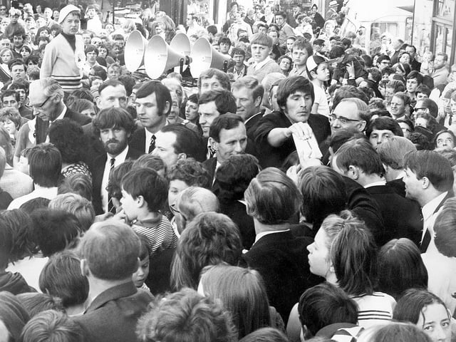May 1970: Telford United supporters gather in The Square, Wellington, to welcome the team home after their appearance in the inaugural FA Trophy Final at Wembley. Despite a 2–0 defeat to Macclesfield, the fans turned out in force to show their support in a memorable town-centre reception.