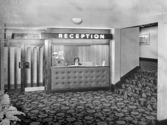 The reception area of the Charlton Arms Hotel following a major internal remodelling. The transformation, featured in the Shropshire Star on November 14, 1970, revealed a refreshed ground floor ahead of its official reopening later that month. While the redesign introduced a new reception desk and modernised layout, the character of the Open Road bar was said to remain intact, although the original fountain had been removed.